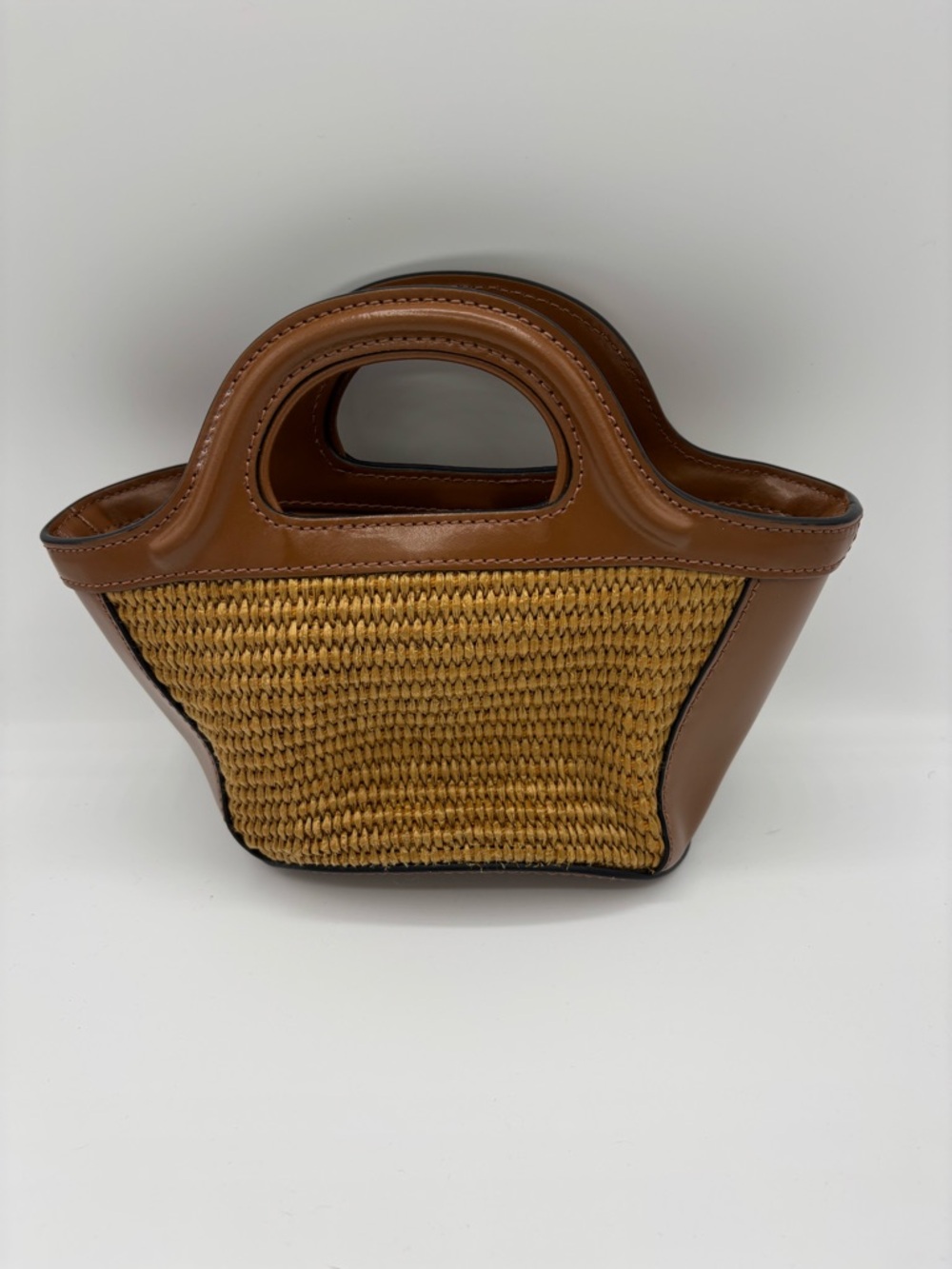 Marni Tan Leather & Straw Mini Tote with Black Logo - Picture 2 of 5